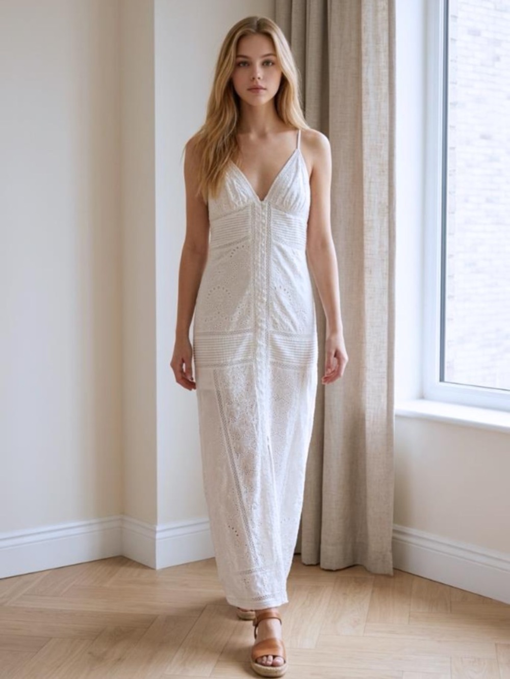 AllSaints White Eyelet Midi Dress UK 10 US 6 V-Neck Button Front Broderie Boho D